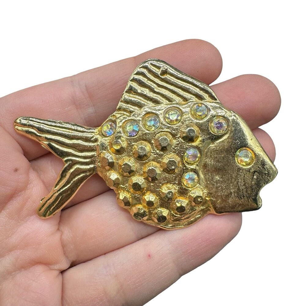Vintage Gold Tone Fish Brooch with Rhinestones